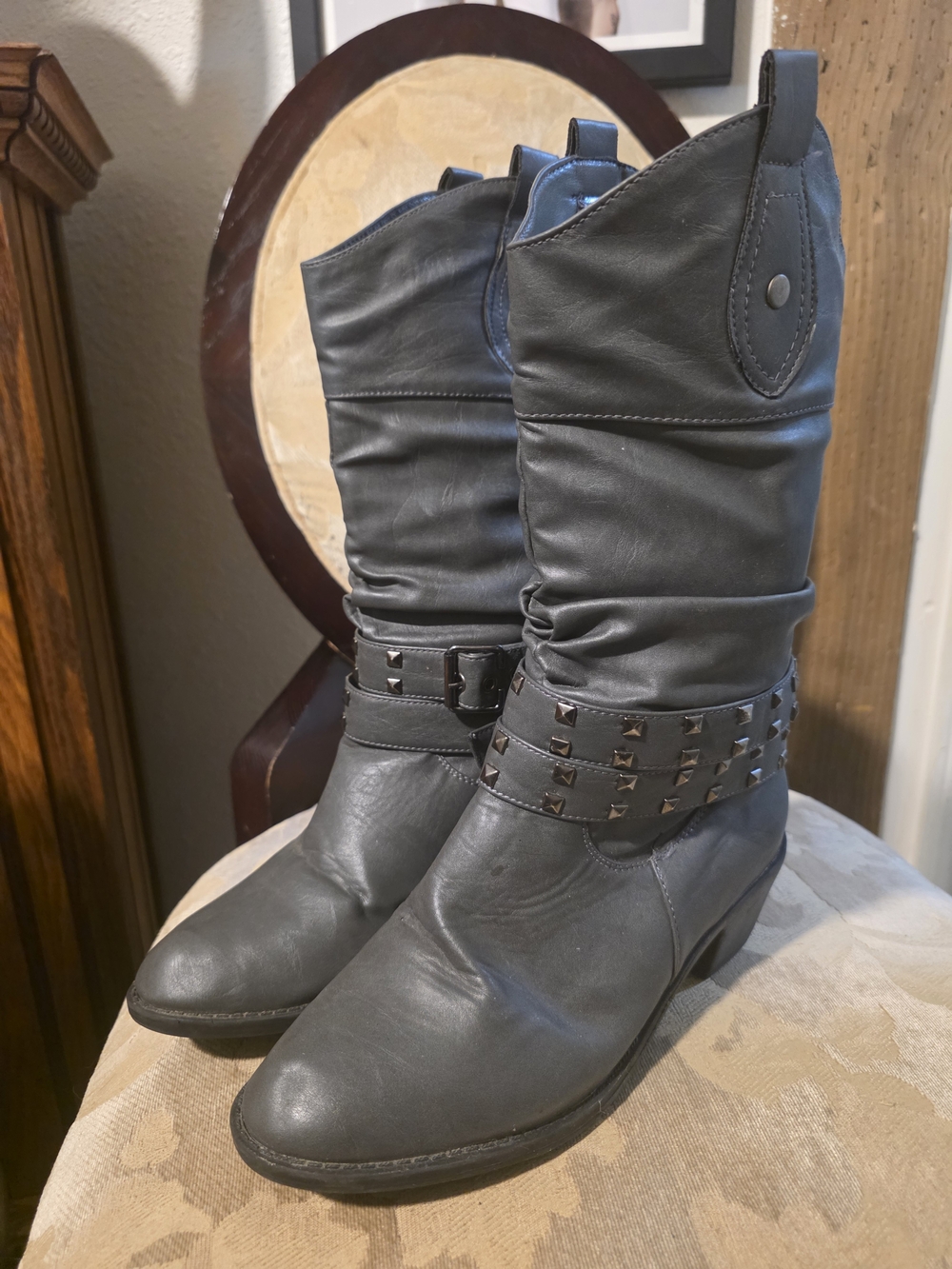 Laredo Black Mid-Calf Studded Leather Boots